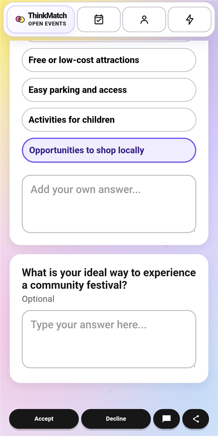 ThinkMatch guest questionnaire with optional and ranked questions